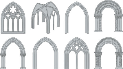 Collection of Gothic architectural arches and windows, featuring pointed designs, ornate tracery, ribbed vaults, decorative columns, and medieval stonework elements for historical design reference. © MdMahmudul