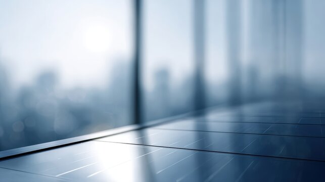 Close up of futuristic transparent solar cells on a glass window, city skyline in background