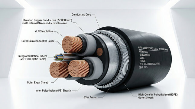 3D Cross Section of Subsea High Voltage Power Cable with Internal Layers.