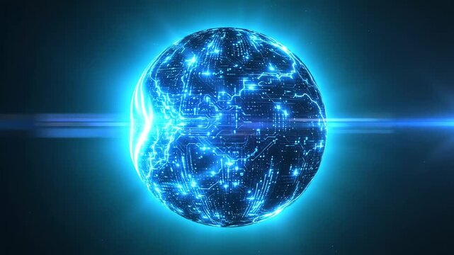 Vibrant Celestial Orb. Blue glowing planet-like sphere in deep space, perfect for science fiction and technology backgrounds.