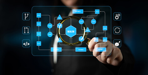 Fototapeta na wymiar Business professional analyzing digital network diagram with magnifying glass, showcasing technology and data visualization concepts Quark.