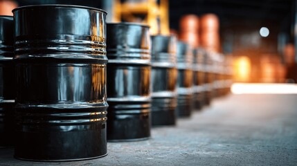 Rows of black oil drums in an industrial warehouse setting