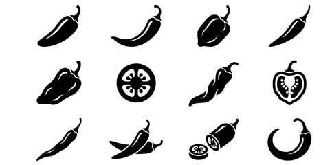 Obraz premium hili pepper silhouettes, Chili vector illustration, Chili pepper, Chili pepper clipart, Chili pepper logo, Hot chili pepper silhouettes, Chili, Half chili, Chili silhouette bundle