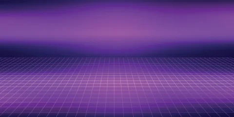 Fototapete Warmes Lila Neon wireframe horizon background. Light pink grid room floor in perspective. Glow magenta retro futuristic wallpaper. Abstract checkered plane landscape. Neon game floor surface. Vector backdrop  © Dul