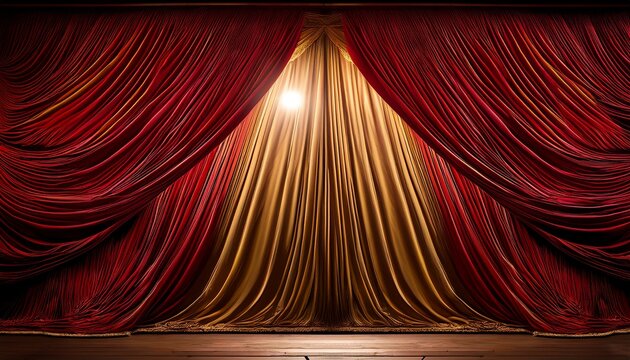 massive draped theater curtains with detailed fabric folds single powerful spotlight creating dramatic central highlight against crimson velvet historic vaudeville stage presence subtle gold