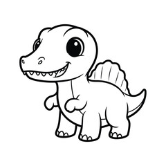 Fototapeta premium Adorable, simple cartoon line art of a smiling baby Spinosaurus dinosaur with large, expressive eyes and a prominent dorsal fin, perfect for children's educational materials.