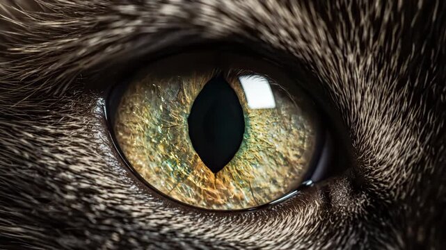 Intense feline eye pupil slowly dilates in close-up