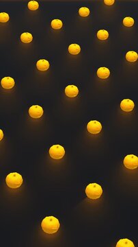 Holiday 3d render of pumpkin shapes in isometric view and randomly rotating. Computer generated loop animation. Halloween pattern, 4K seamless vertical motion design