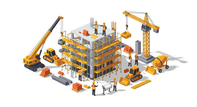 An isometric view of a construction site shows a building under development with machinery, workers, and materials on a white ground.