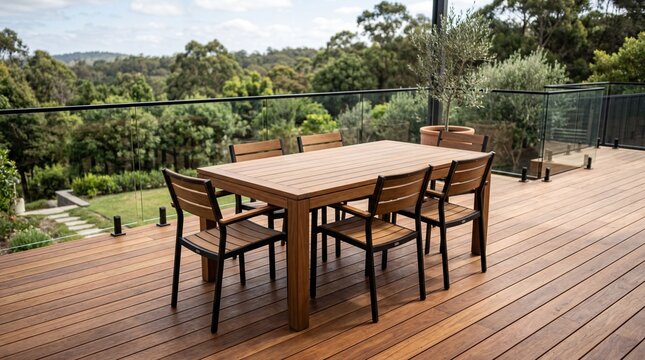Modern Wooden Dining Set on Contemporary Outdoor Deck Overlooking Lush Forest and Nature Scenery