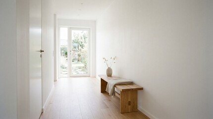 Fototapeta premium Bright Minimalist Modern Hallway Interior with Wooden Bench, Parquet Floor and Glass Door Leading to Garden