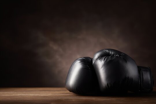 Realistic photography of a pair of boxing gloves on a high-end wooden desk, strength and competitive strategy