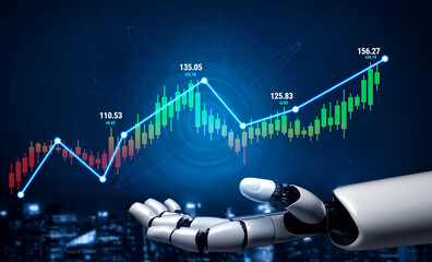 Modern Robot Hand Presenting Rising Stock Graph with Data Points on Digital Background for Financial Technology Concept Quark.
