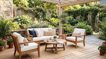 Fototapeta premium Modern Outdoor Living Space with Wooden Patio Furniture and Cozy Decor in a Lush Backyard Garden with Pergola
