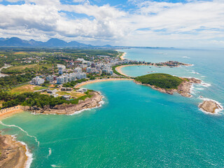Obraz premium Aerial view of Enseada Azul beaches in Guarapari Espírito Santo Brazil during summer tourism season