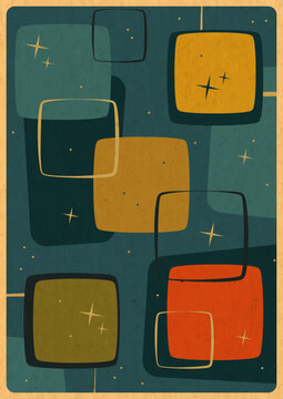 1950s Poster Vector Template. Mid Century Modern Style Illustration, 50s Template for Retro Party, Event Poster, Atomic Age Style, Space Age Design, Abstract Shapes, 1950s Colors, Aged Paper Texture
