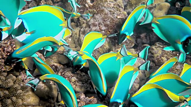 Watch vibrant palette surgeonfish glide gracefully among coral reefs, showcasing their brilliant colors and playful movements. Experience the beauty of marine life in a stunning underwater setting.