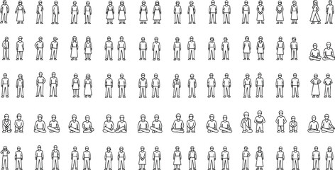 People line icon set, human characters standing sitting walking poses, male female outline vector illustration collection pack