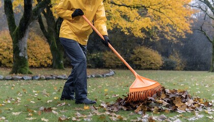 Person raking leaves on a green lawn in autumn fall season