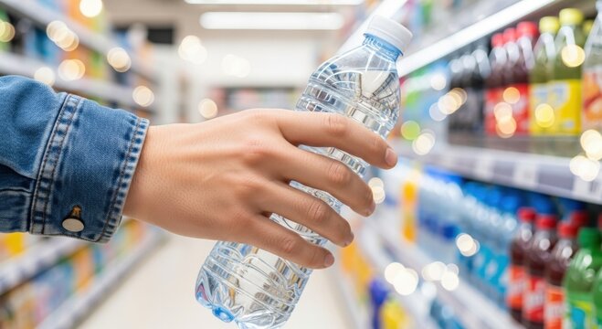 Hand selecting bottled water from supermarket shelf amid sugary drinks &mdash; conscious choice, healthy hydration and retail nutrition for wellness campaigns.