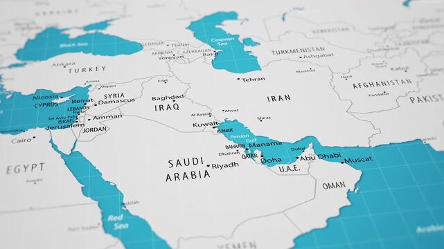 Smooth camera flyover across the Eastern Mediterranean and Arabian Peninsula to Iran on a detailed political world map. Cyprus, Israel, Saudi Arabia, United Arab Emirates and the Caspian Sea visible.