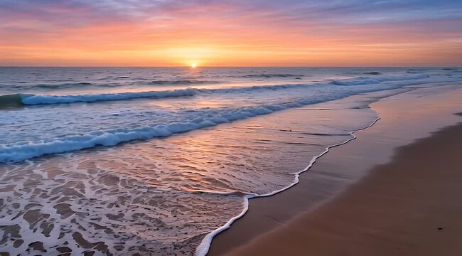 Gentle ocean waves lap a serene beach under a soft, colorful sunset sky