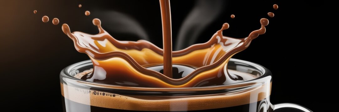 Splashing hot coffee in glass cup on black background close up of espresso splash with dynamic motion and brown liquid texture