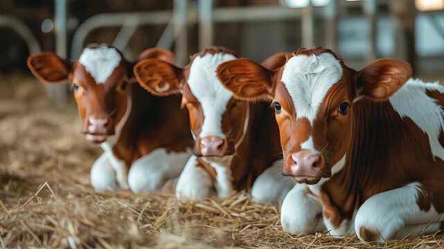 Adorable Holstein Friesian calves resting peacefully in a cozy barn on a bed of straw showcasing their distinctive brown and white markings and gentle blue eyes perfect for agricultural and farm