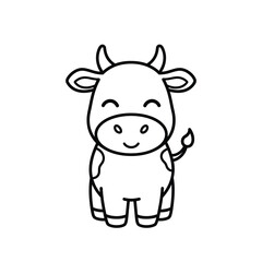 Obraz premium Adorable cartoon line art of a happy, smiling cow with closed eyes and gentle expression, standing on a white background, representing a friendly farm animal character.