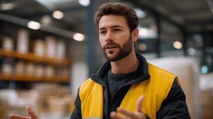 Fototapeta premium Logistics training instructor teaching new warehouse employees proper pallet stacking safety techniques, perfect for logistics workforce training, warehouse safety education, pallet management,