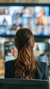 Rear view of businesswoman talking via video call with colleagues during online briefing