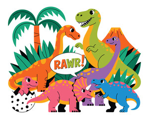 Obraz premium Group of colorful cartoon dinosaurs with a volcano and lush tropical foliage in background.