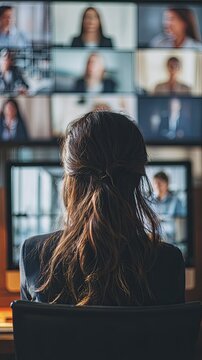 Rear view of businesswoman talking via video call with colleagues during online briefing