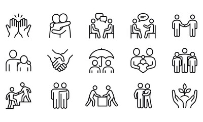 Minimal Line Art Human Interaction and Support Icon Set &ndash; Outline Vector Symbols for Empathy, Teamwork, Friendship, and Collaboration Concepts