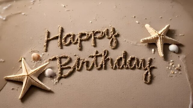 Birthday celebration theme for party event. A beach scene with the words Happy Birthday written in the sand, accompanied by starfish and seashells. The sand is a light tan color.
