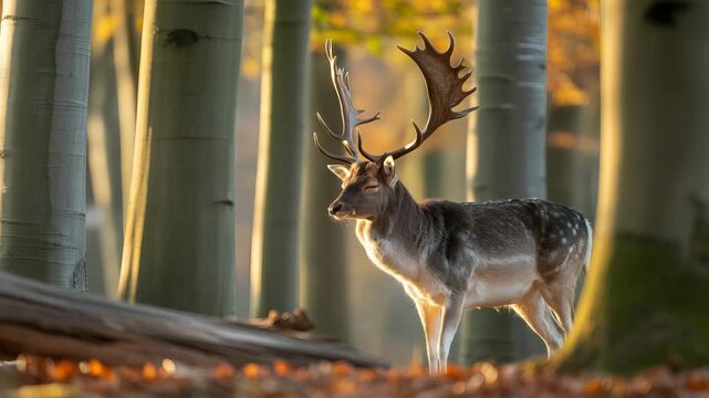 Majestic Fallow Deer Stag Standing Proudly in Golden Autumn Forest Sunlight dappled woodland scene with a magnificent male deer showcasing impressive antlers amidst vibrant fall foliage and tall