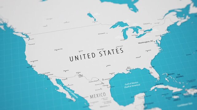 Smooth camera flyover across North America on a detailed political world map, moving from the United States to Canada and Greenland. Atlantic and Pacific Oceans visible.