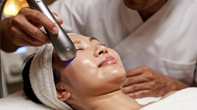 Woman receiving a facial treatment with a blue light therapy device on her face in a spa