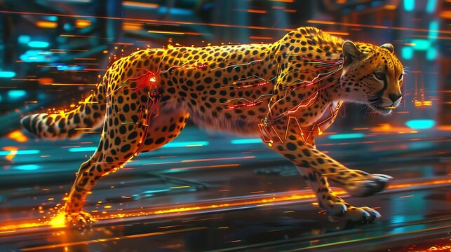 Digital cheetah with glowing data streams running in a futuristic environment