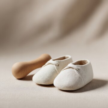 Close up of tiny organic baby shoes and a wooden rattle on a neutral beige surface, high-end newborn fashion