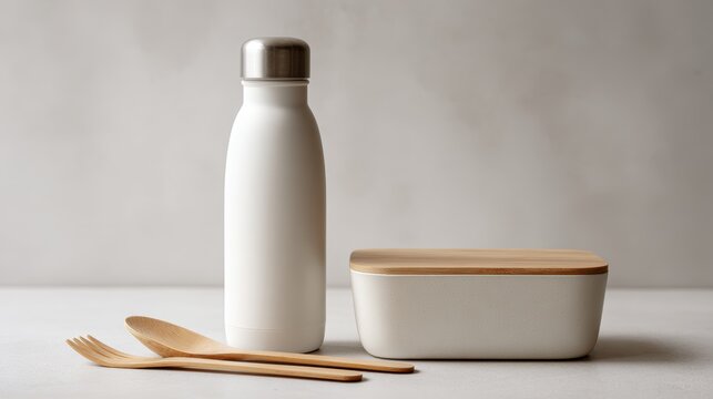 Zero waste kit for lunch. Reusable water bottle, lunch box, and bamboo cutlery. Sustainable plastic-free lifestyle