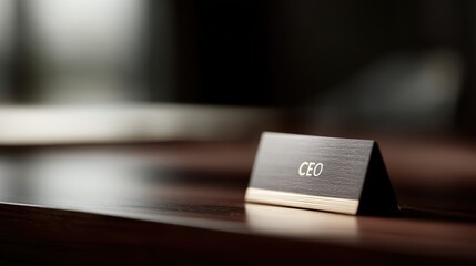 Close up photography of a CEO nameplate on a luxury dark wood desk, blurred background of a high-end office, leadership concept