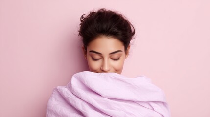 Realistic photography of a woman smelling fresh laundry, satisfied expression, isolated on pink background