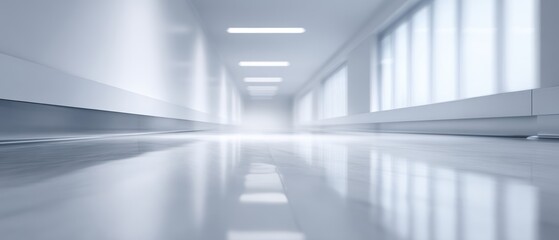 Realistic photography of a modern hospital corridor, bright and clean, no people, massive floor and wall space