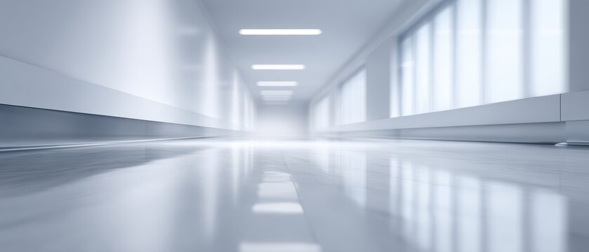 Realistic photography of a modern hospital corridor, bright and clean, no people, massive floor and wall space