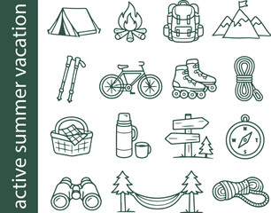 Fototapeta premium set of icons of signs denoting active summer recreation in nature, for websites, applications, digital projects or social networks