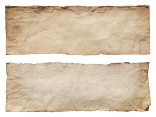 Two vintage parchment scrolls with torn edges isolated on transparent background