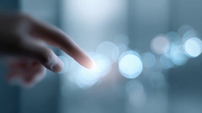 Realistic photography of a professional hand interacting with a transparent glass touch screen, glowing blue data nodes, blurred high-tech office background
