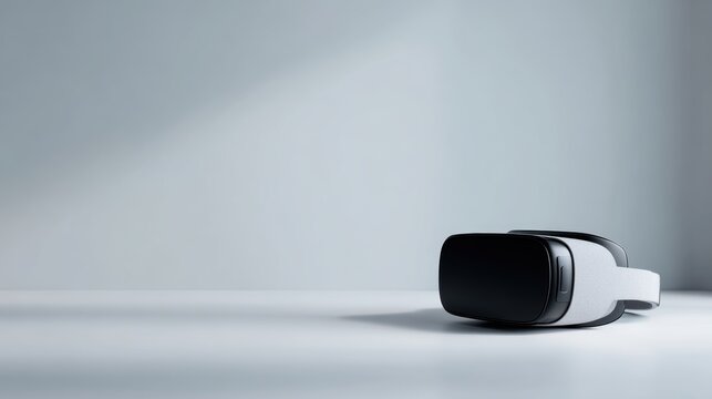Shot of a VR headset on a clean white desk, isolated with soft shadows, plenty of room for tech text
