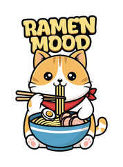A cartoon cat enjoying a steaming hot bowl of ramen noodles with chopsticks in a relaxed atmosphere © Hanipah